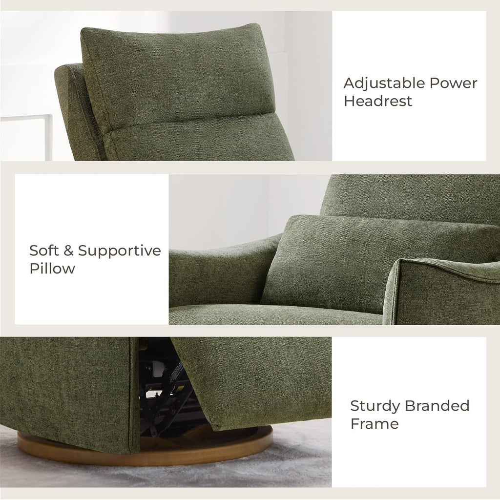 CHITA Swivel Rocker Recliner Chair, Power Nursery Glider Recliner, Nursery Rocking Chair with Adjustable Power Headrest, FSC Certified, Solid Wood Base, Moss Green