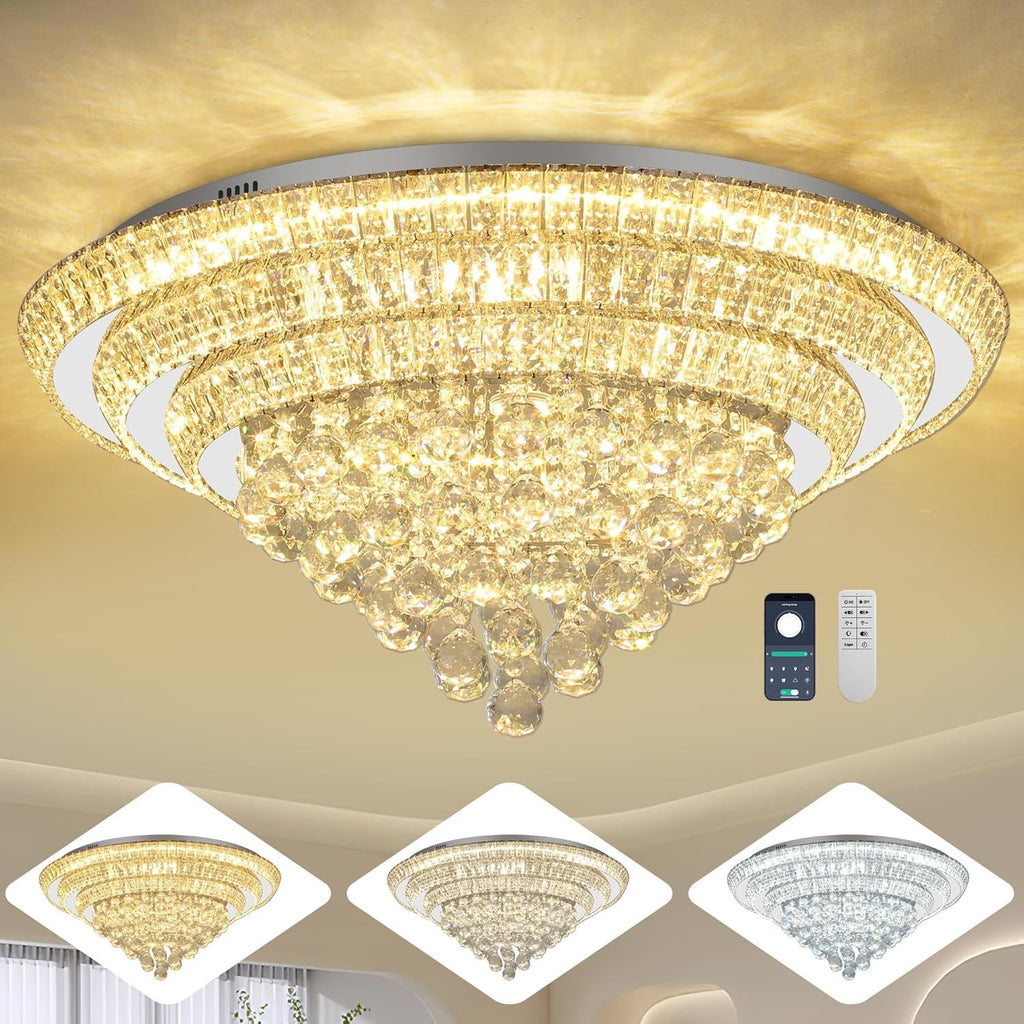 Elegant LED Crystal Raindrop Ceiling Light, 30" Flush Mount Chandelier Light Fixture with Remote Control for Living Room Kitchen Island Bedroom Hallway Entryway Foyer(Dimmable)