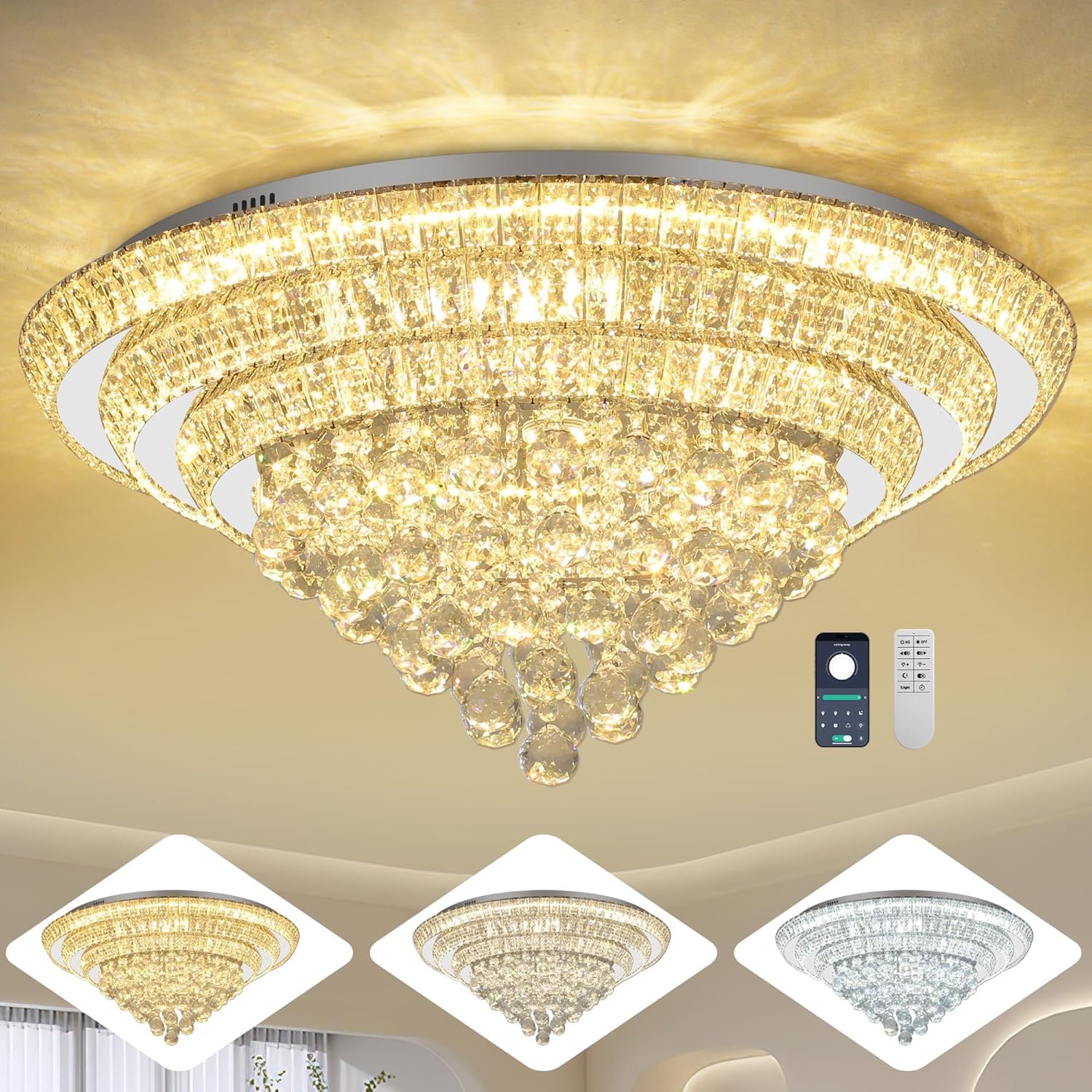Elegant LED Crystal Raindrop Ceiling Light, 30" Flush Mount Chandelier Light Fixture with Remote Control for Living Room Kitchen Island Bedroom Hallway Entryway Foyer(Dimmable)