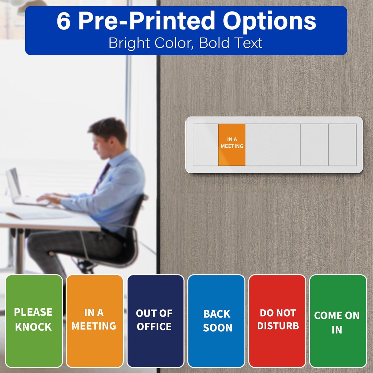 Office Door Signs with 6 Printed Status Options – Do Not Disturb, Out of Office, In a Meeting, Please Knock, Back Soon, Come on in – Includes Custom Personalized Blank Sticker for Privacy Workspace or Studio Available and Away