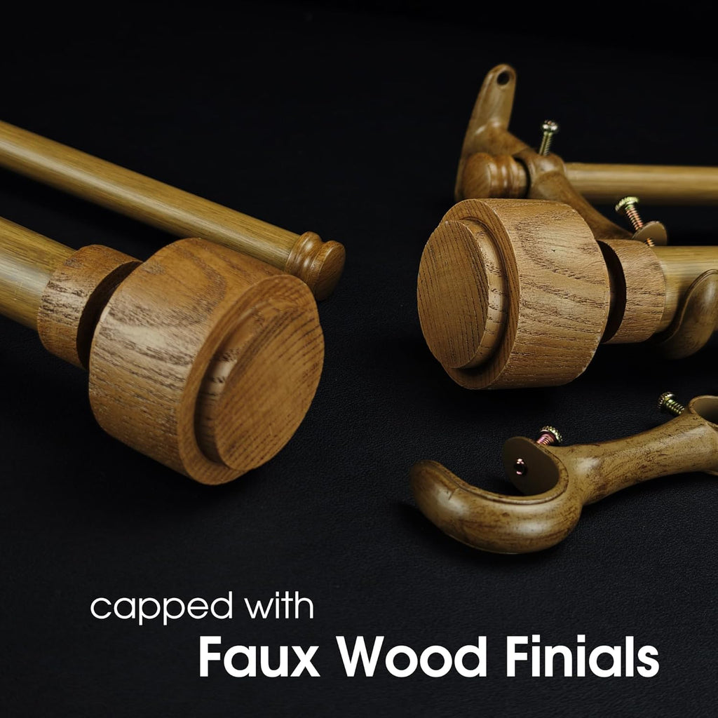 1-1/8 Inch Diameter Faux Wood Curtain Rod with Wood Grain Finials, 72-144 inch Telescoping Double Curtain Rods for window width 68-140 inch, 1 pack