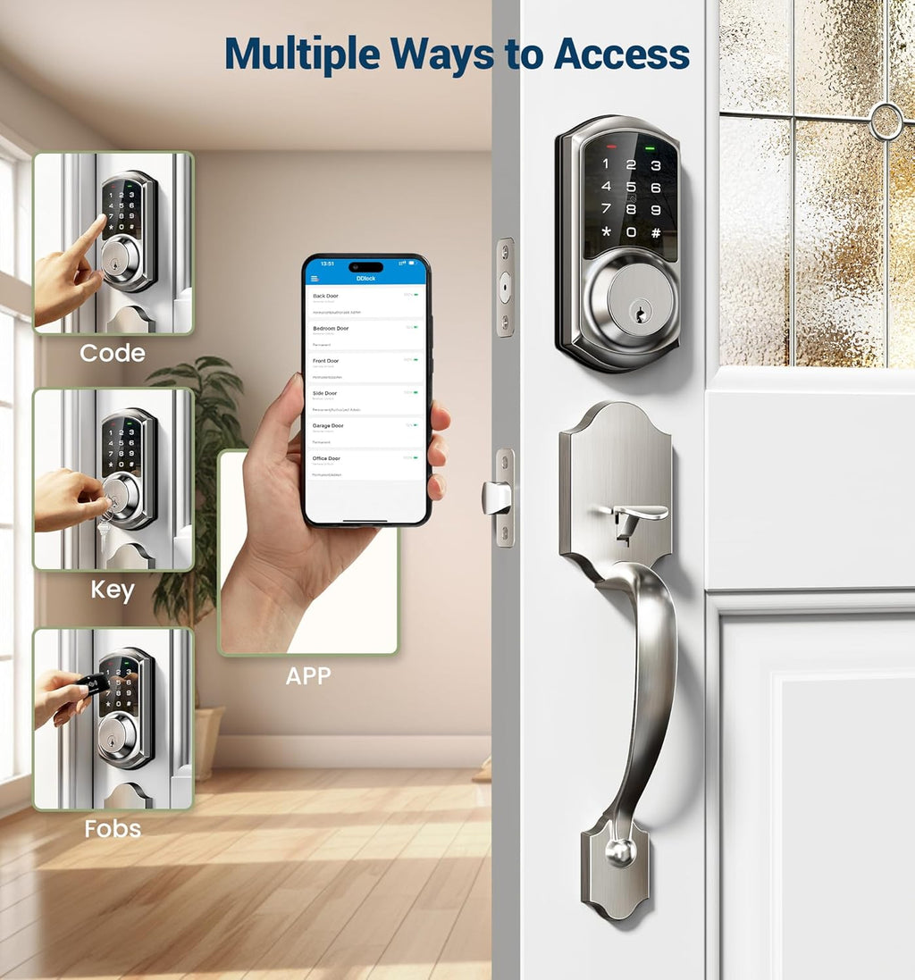 Veise VE06-H Smart Front Door Lock Set, App Control, Keyless Entry Deadbolt with Lever Handle, Electronic Digital Touchscreen Keypad, Auto Lock, Easy Install, Satin Nickel