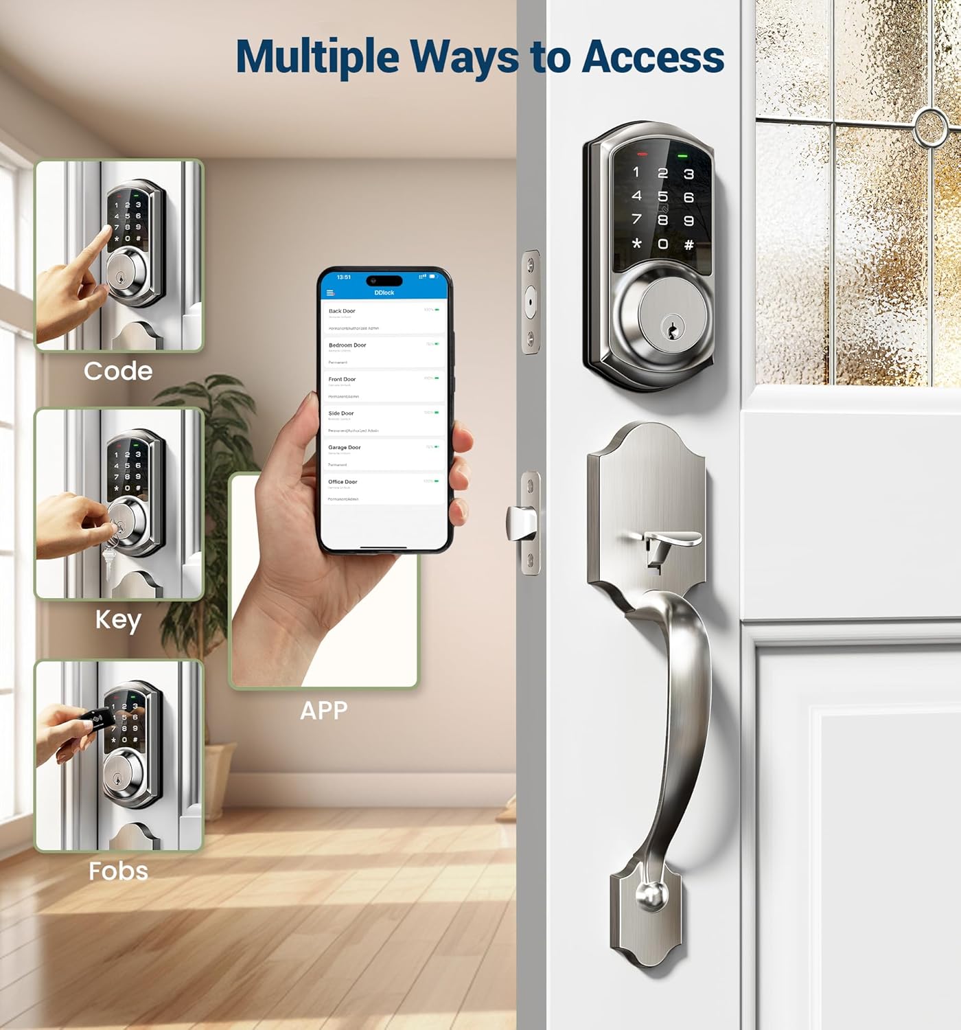 Veise VE06-H Smart Front Door Lock Set, App Control, Keyless Entry Deadbolt with Lever Handle, Electronic Digital Touchscreen Keypad, Auto Lock, Easy Install, Satin Nickel