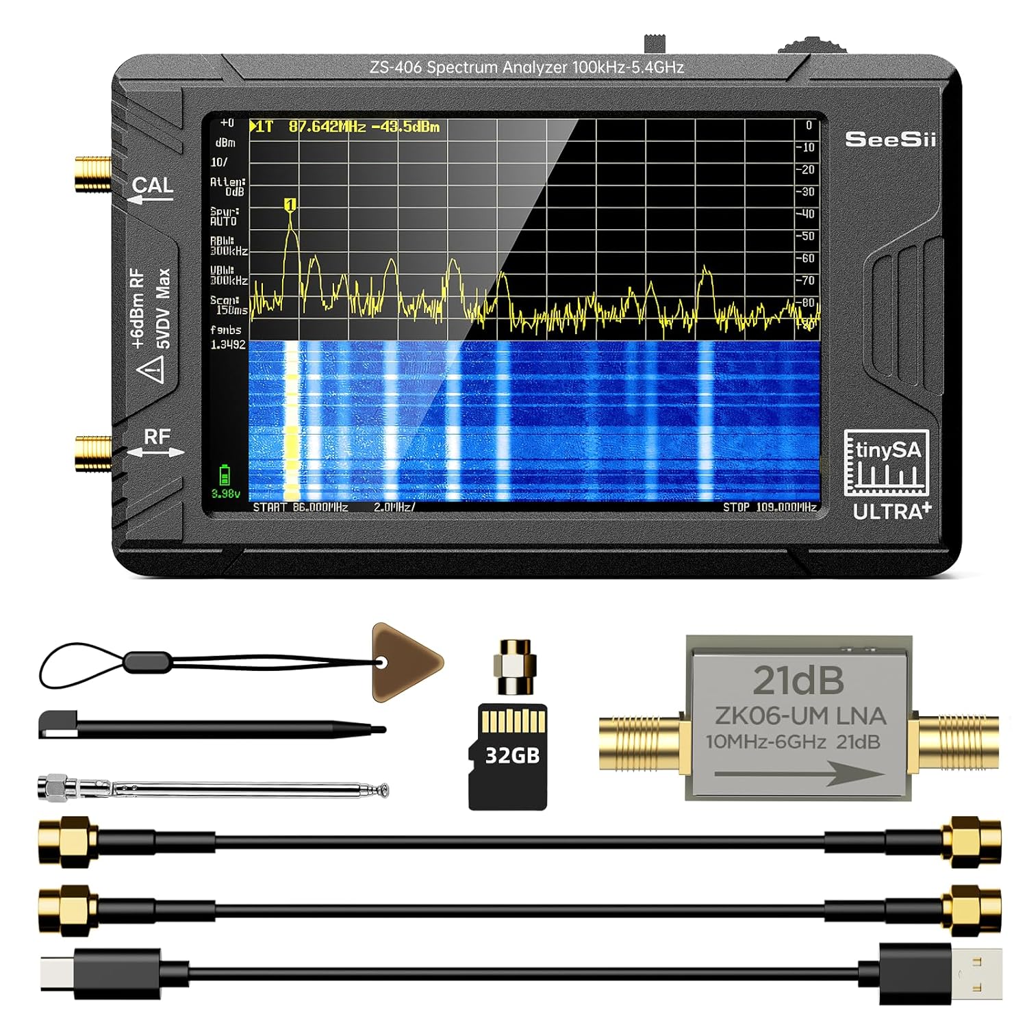 SeeSii TinySA Ultra+ ZS406 Spectrum Analyzer: 4.0 Inch 5.4GHz Handheld Tiny Frequency Analyzer with ZK06-UM 21dB LNA Module 32Gb Card—100kHz to 800MHz MF/HF/VHF UHF Input, 2025 Upgraded