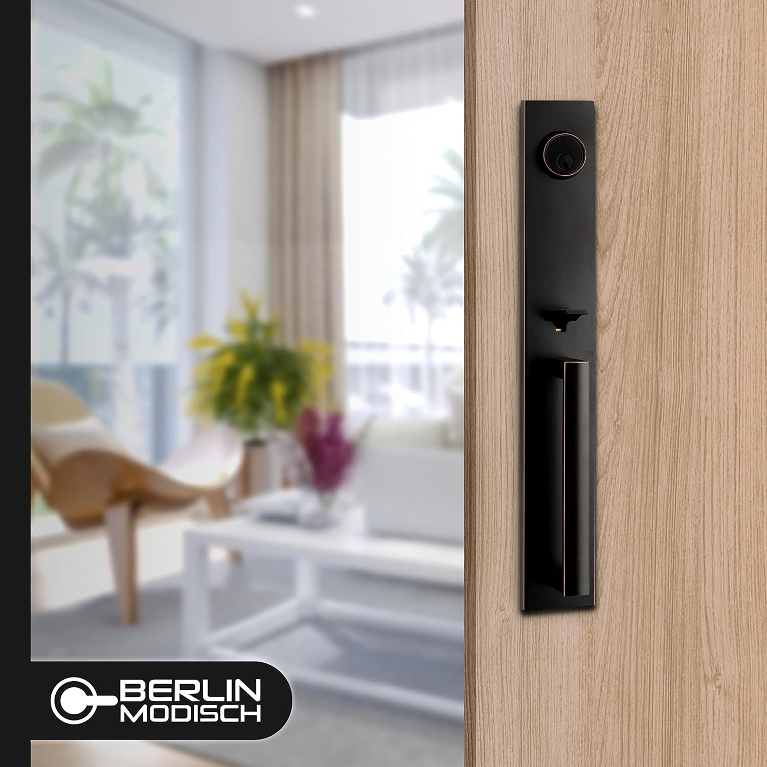 Berlin Modisch Full Escutcheon HandleSet Front Door Entry Handle and Deadbolt Lock Set Slim Square Single Cylinder Deadbolt and Lever Heavy Duty – Oil Rubbed Bronze Finish