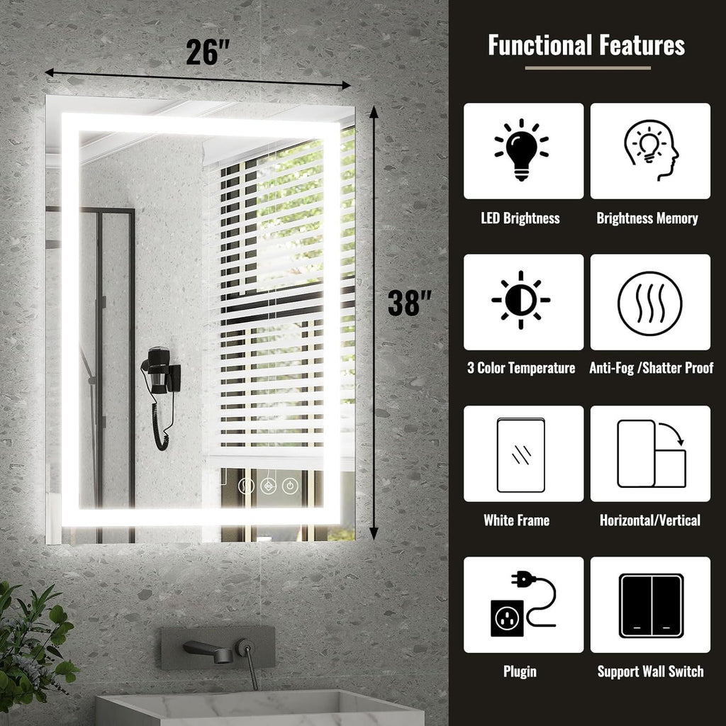 26x38 Inch LED Bathroom Mirror with Lights for Wall - Backlit + Front Lit, 3 Color Modes, Anti-Fog, Tempered Glass - Wall Mounted Modern Vanity Mirror