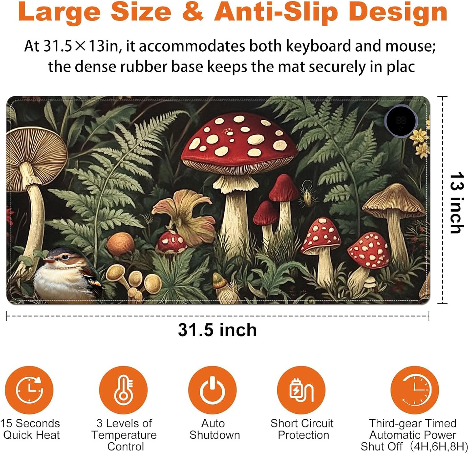 Heated Mouse Pad for Desk 31.5" x 13" – PU Leather Warm Desk Pad with 3 Heat Levels (104°F/113°F/122°F), Plug-in Electric Heating Mat with Auto Shut-Off, Waterproof & Rollable, Forest Mushrooms