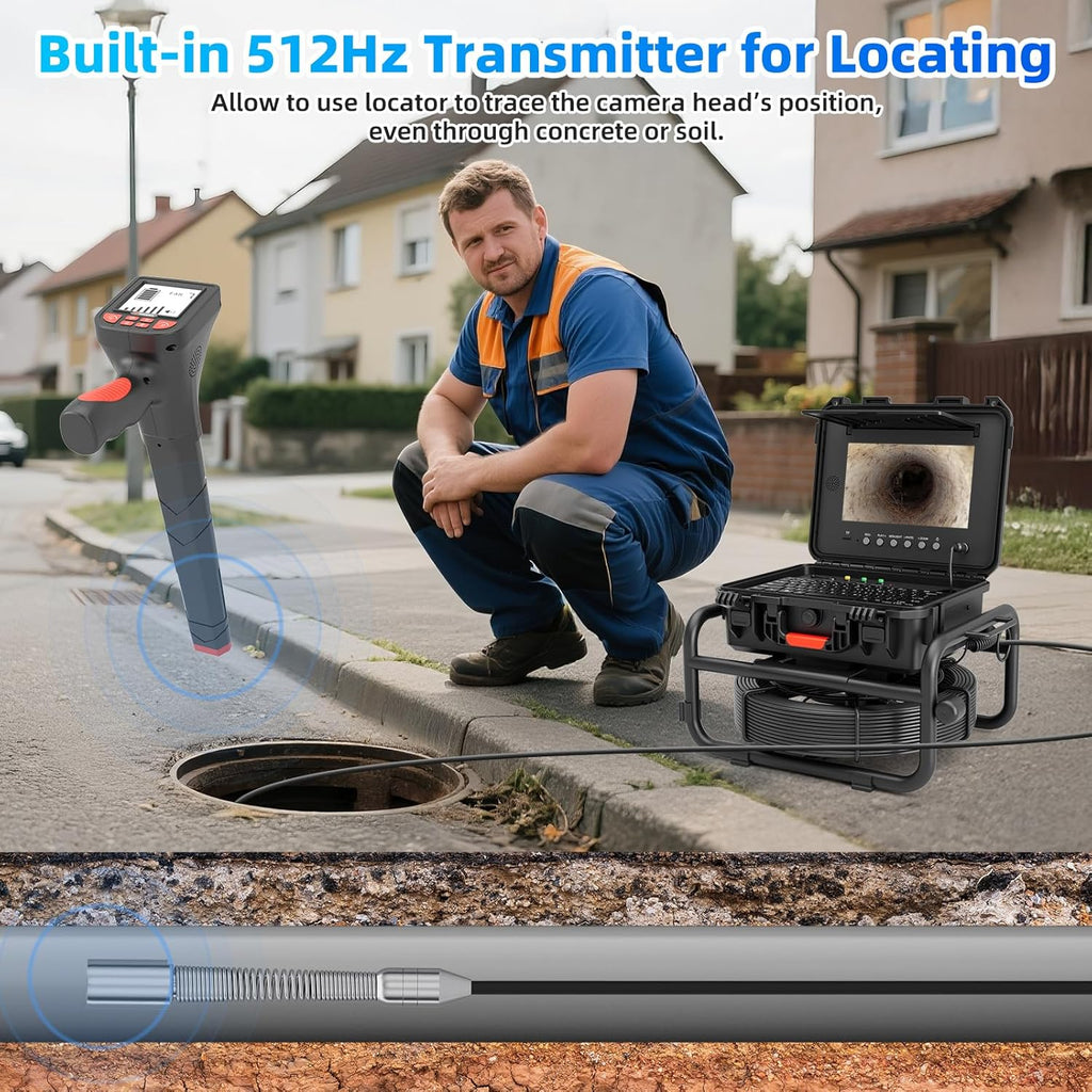 Sanyipace Sewer Camera 165FT/50M with 512Hz Transmitter, Self-Leveling, Distance Counter, Plumbing Inspection Camera with Microphone Speaker Audio Video Record, 32GB TF Card, Pipe Pulley (7mm Cable)