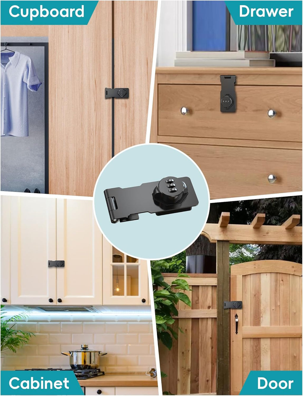 Cabinet Password Hasp Lock, Keyless Combination Lock for Small Doors, Barn, Bathroom, Outdoor, Garage, Garden, Black