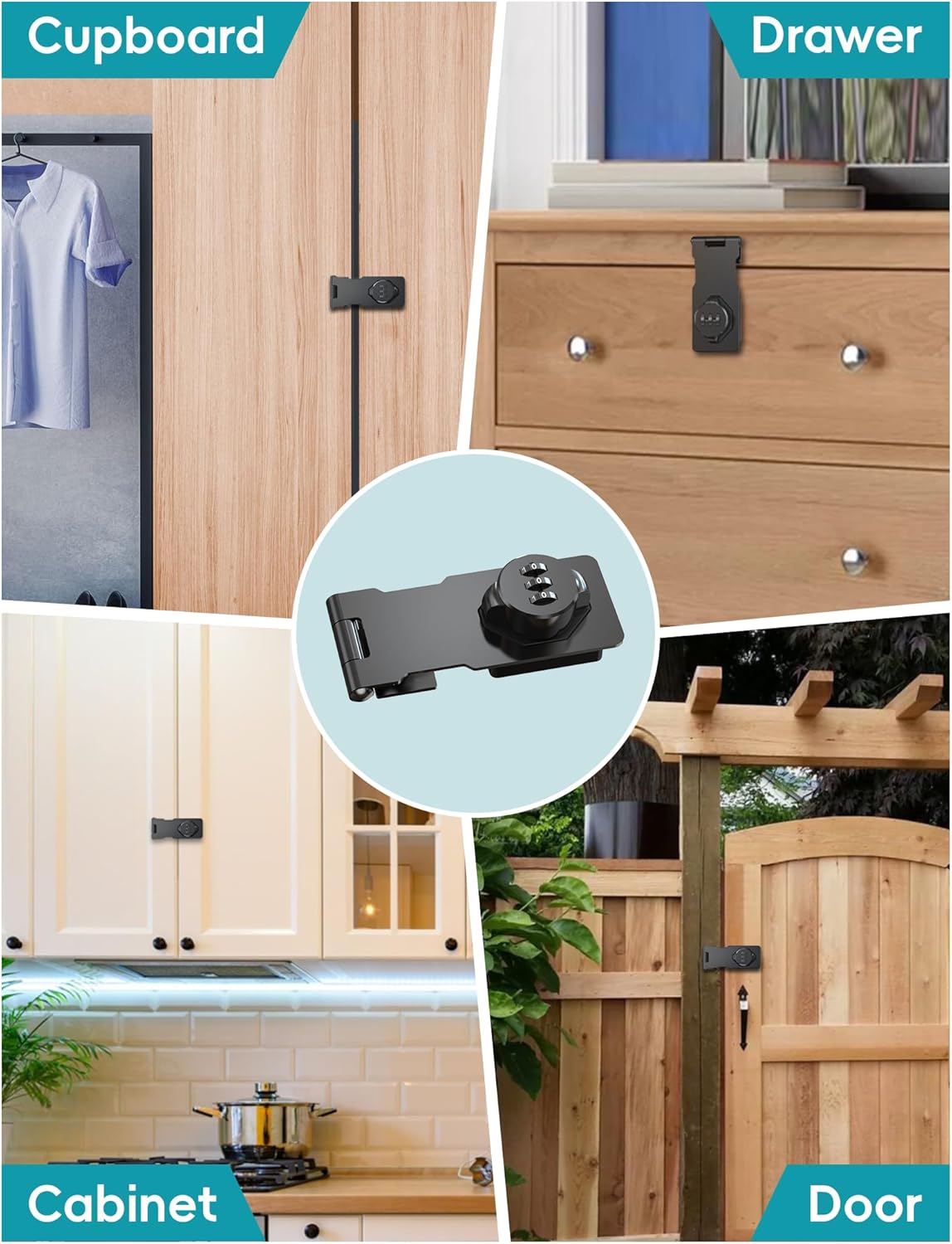 Cabinet Password Hasp Lock, Keyless Combination Lock for Small Doors, Barn, Bathroom, Outdoor, Garage, Garden, Black