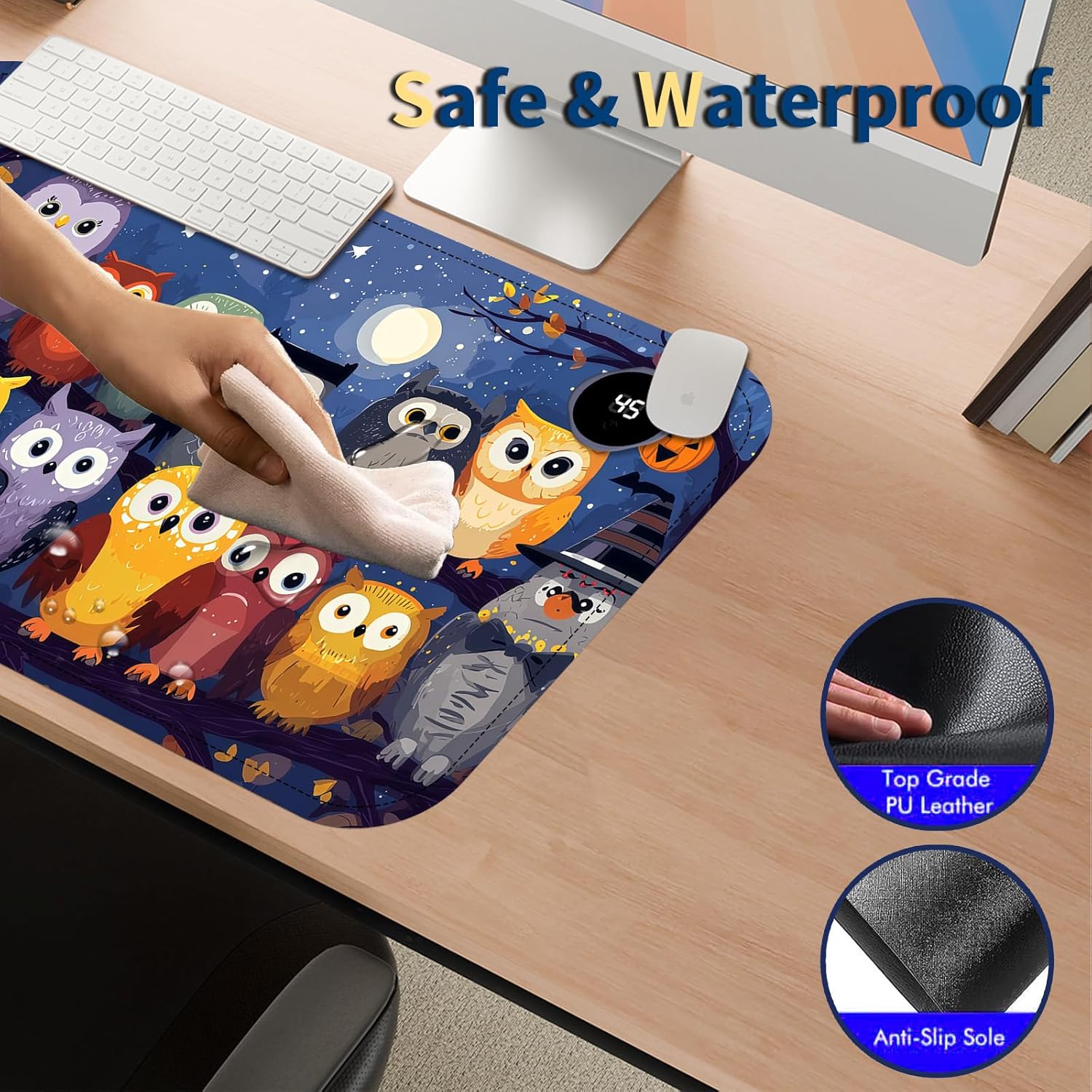 Heated Mouse Pad with 3 Temperature Settings(104°F–122°F),Large 24x14.2 Inch PU Leather Heated Desk Mat,Waterproof Warming Pad for Office,Gaming & Cold Hands Relief,Colorful Night Owls