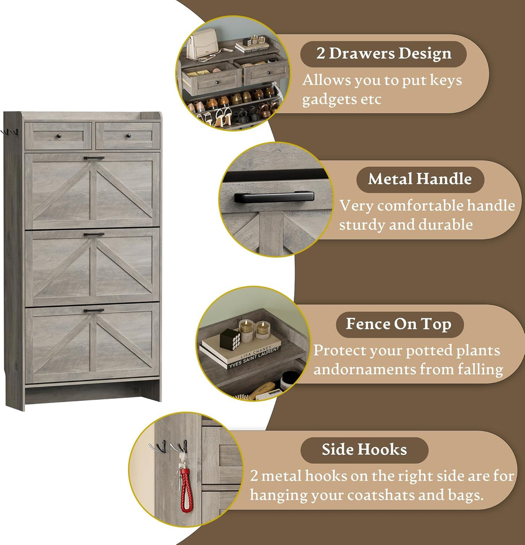Shoe Storage Cabinet for Entryway, Farmhouse Narrow Shoe Cabinet with 3 Flip Drawers & 2 Top Drawers, Adjustable Shelves & Hooks, Freestanding Hidden Rack Organizer for Hallway, Foyer