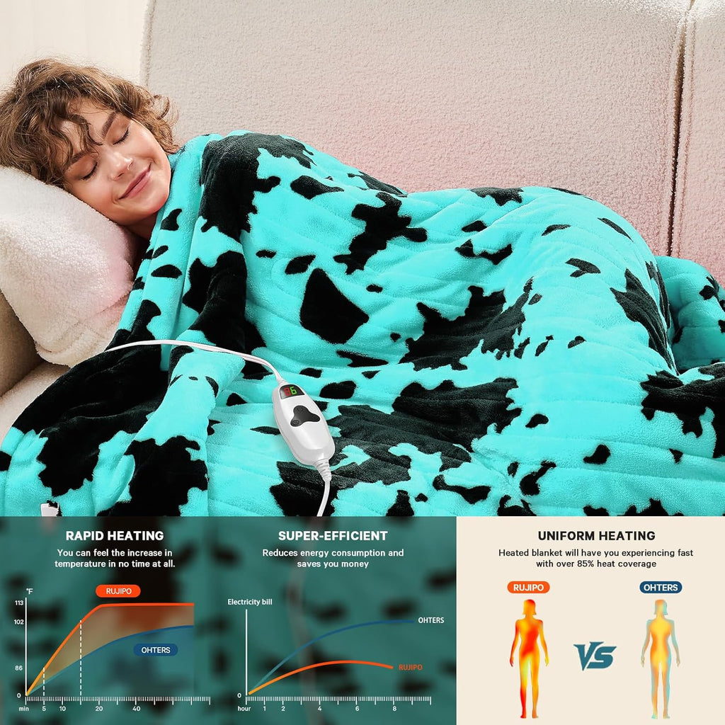 Cow Print Heated Electric Blanket Twin Size,62X84 Green Heating Blanket with 10 Heats Levels & 8 Hours Auto Off,Highland Cow Fleece Sherpa Blankets Warmer Gifts for Women Adults Couch,Washable