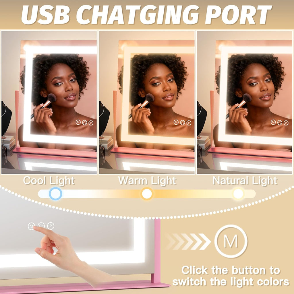 FENNIO Vanity Mirror with Lights 22''x18'' Makeup Mirror with Lights,Lighted Makeup Mirror with 10X Magnification，Smart Touch Screen with 3-Color Lighting,Dimmable（Square Pink）