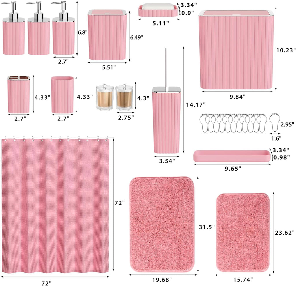 Bathroom Accessory Set - Bathroom Set, 27PC Bathroom Accessories Set, Pink Bathroom Sets with Shower Curtain and Rugs, Mini Trash Can, Toilet Brush, Trash Can & Soap Dispenser