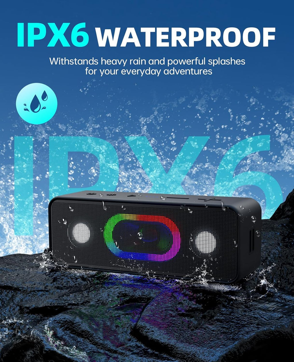 OHAYO Bluetooth Speaker, Portable Wireless, IPX6 Waterproof, 16W HD Sound, 24H Playtime, TWS Pairing, LED Lights, Speakers for Home/Outdoors/Travel, Birthday Gifts, Stocking Stuffers, Black, Small