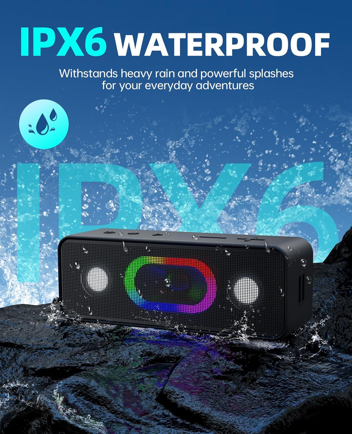 OHAYO Bluetooth Speaker, Portable Wireless, IPX6 Waterproof, 16W HD Sound, 24H Playtime, TWS Pairing, LED Lights, Speakers for Home/Outdoors/Travel, Birthday Gifts, Stocking Stuffers, Black, Small