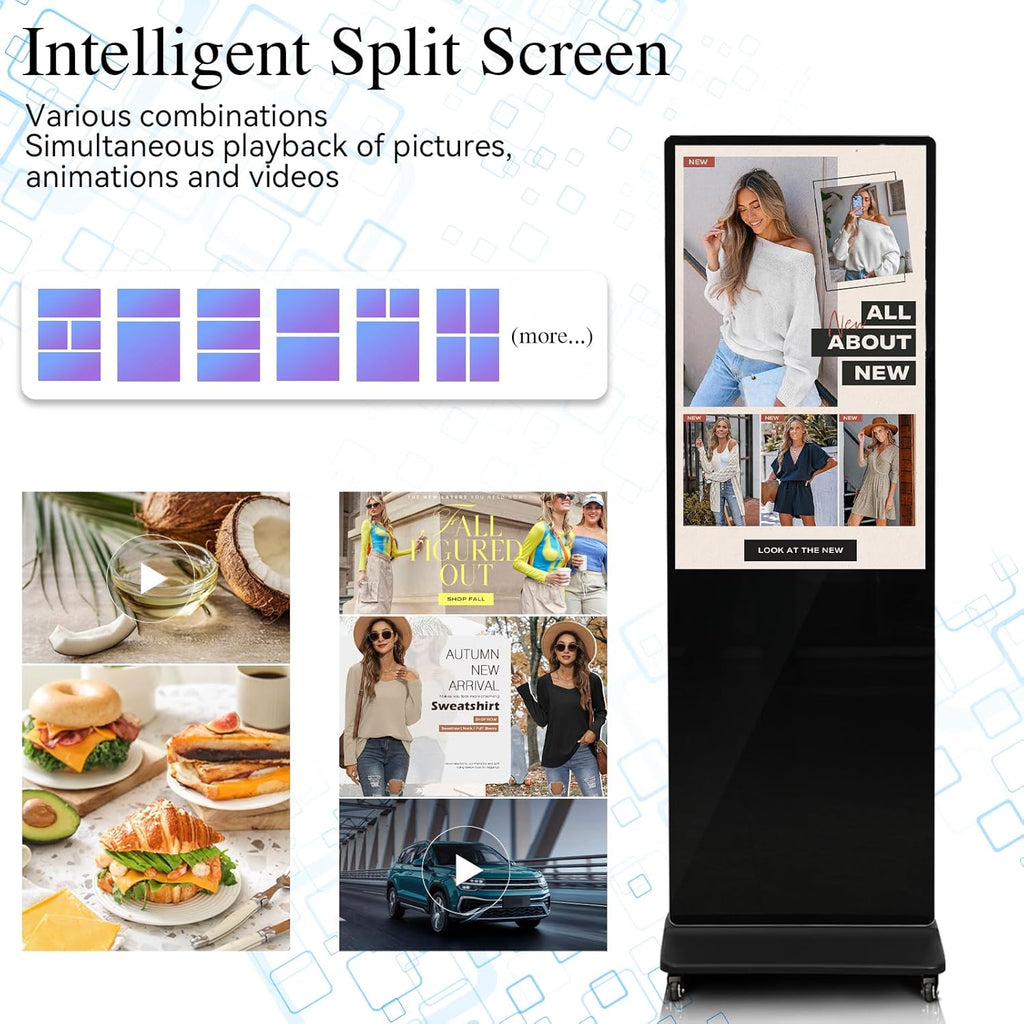 43" 4K LCD Touchscreen Digital Signage Display, Indoor Floor Standing Advertising Kiosk, Commercial Digital Signage Kiosk with Auto AD Box, HDMI WiFi Bluetooth Input, Android 12.0 Black