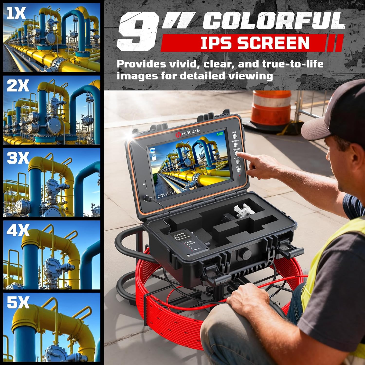 Sewer Camera, Self Leveling Drain Camera 65ft with Meter Counter, 7mm Thick Cable, 9" HD Screen 1080P Plumbing Cameras Snake with Light, 5100mAh Battery Duct Pipe Video Inspection Cam DVR 32GB