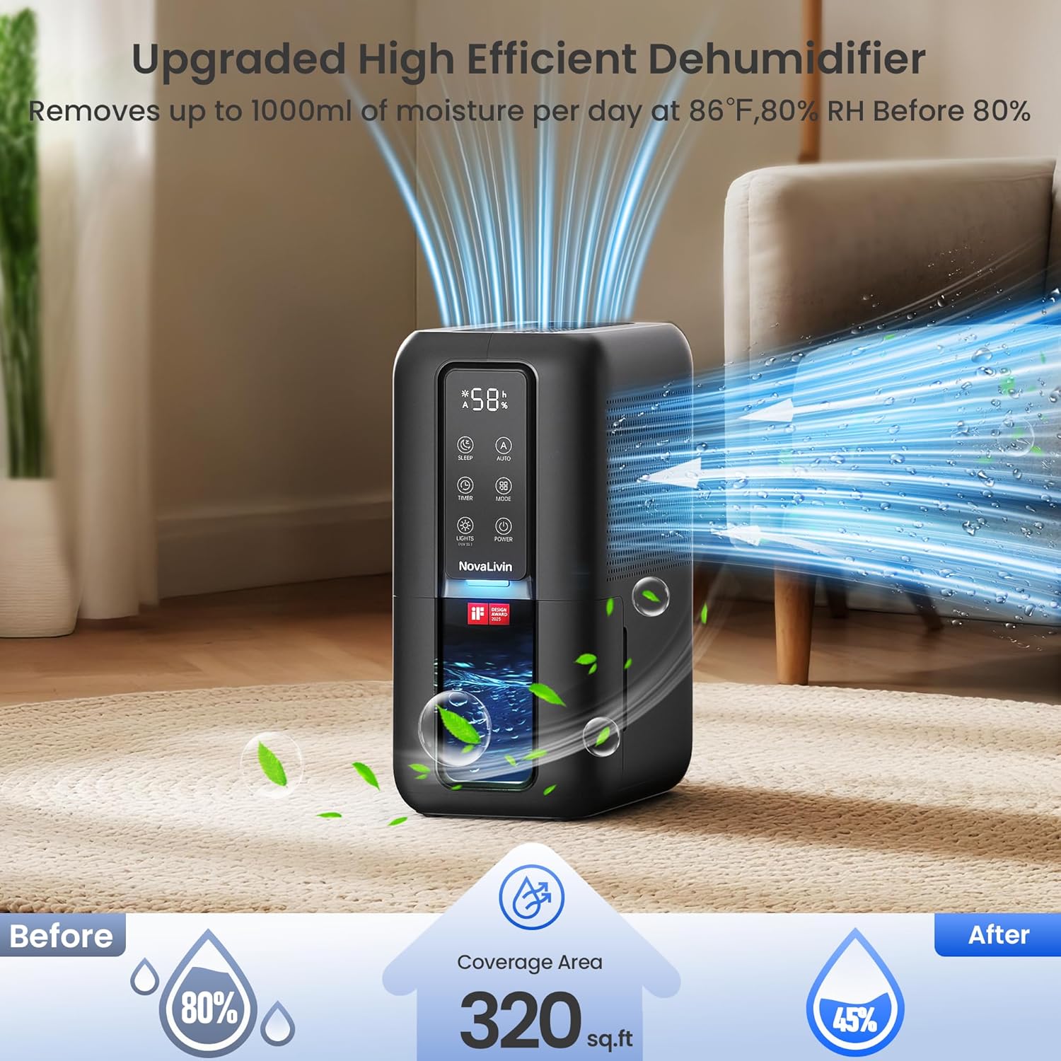 Dehumidifiers for Bathroom with Moisture Absorber Bag Reusable, 68 OZ Water Tank Portable Quiet Dehumidifier for Bedroom with Auto Shut Off, 7 Colors LED Light for Home, RV, Garage, apartment, Black