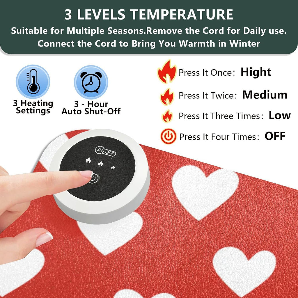 Heated Desk Pad Mouse Pad 31.5x13 Inch PU Leather Desk Mat with 3 Heat Levels Large Mouse Gaming Computer Laptop Mat Red Heart Valentine