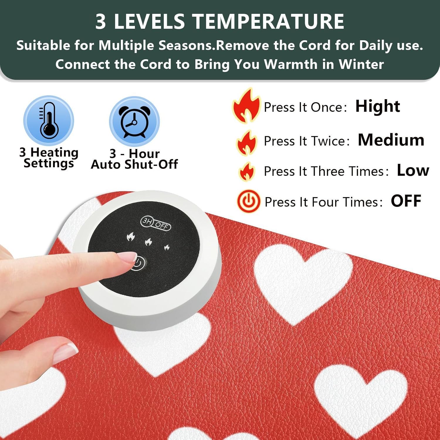 Heated Desk Pad Mouse Pad 31.5x13 Inch PU Leather Desk Mat with 3 Heat Levels Large Mouse Gaming Computer Laptop Mat Red Heart Valentine