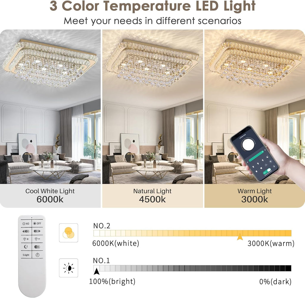 32 inch Crystal Flush Mount Gold Chandelier Remote/APP, Modern Raindrop LED Ceiling Light, 3CCT Dimmable & Brightness Adjustable,Elegant Chandeliers for Bedroom Hallway Dinning Room Living Room