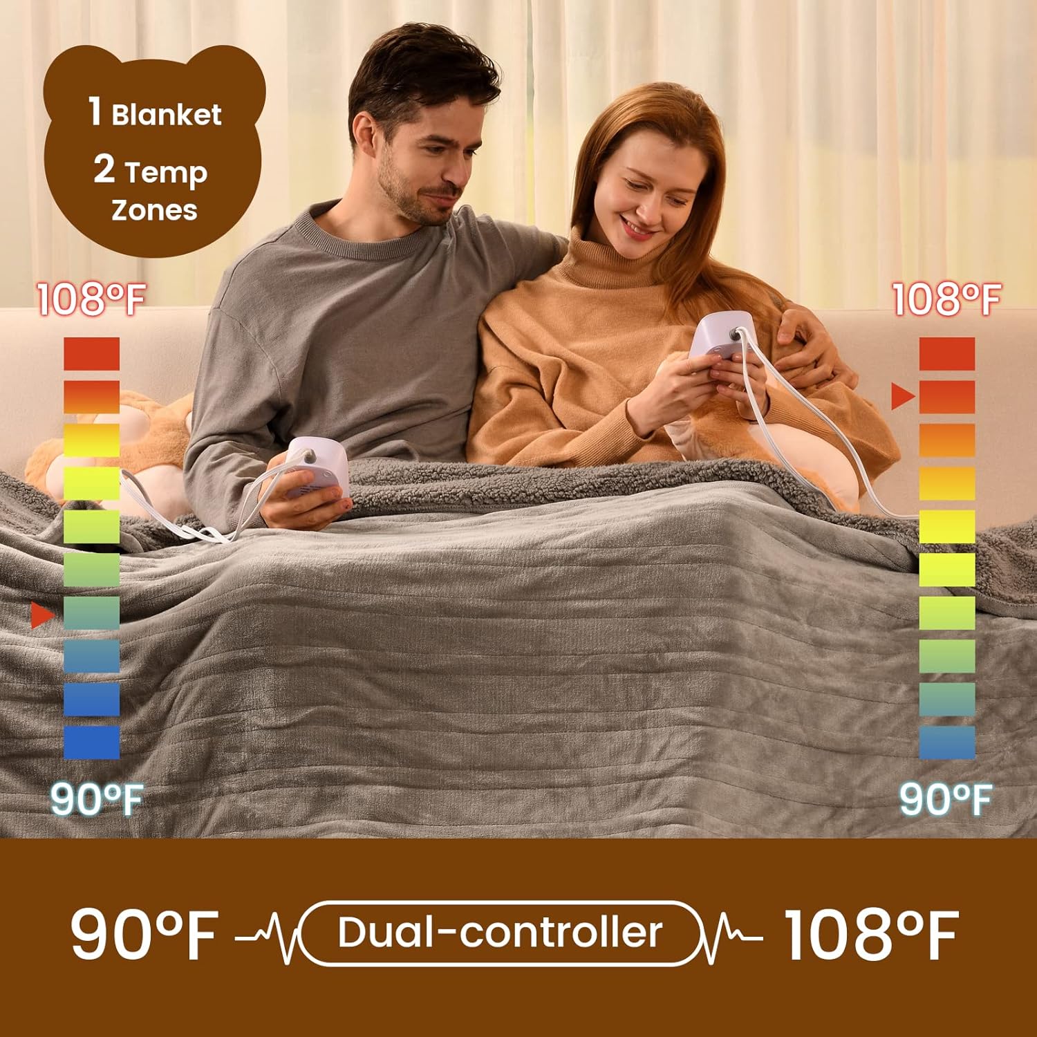 Bearhug Electric Blanket Queen Size 84" x 90", Dual Controllers Heated Blanket, Velvet & Sherpa, 10-Heating Level & 1-12H Auto Off, Taupe, Over-Heat Protect, ETL, Machine Washable
