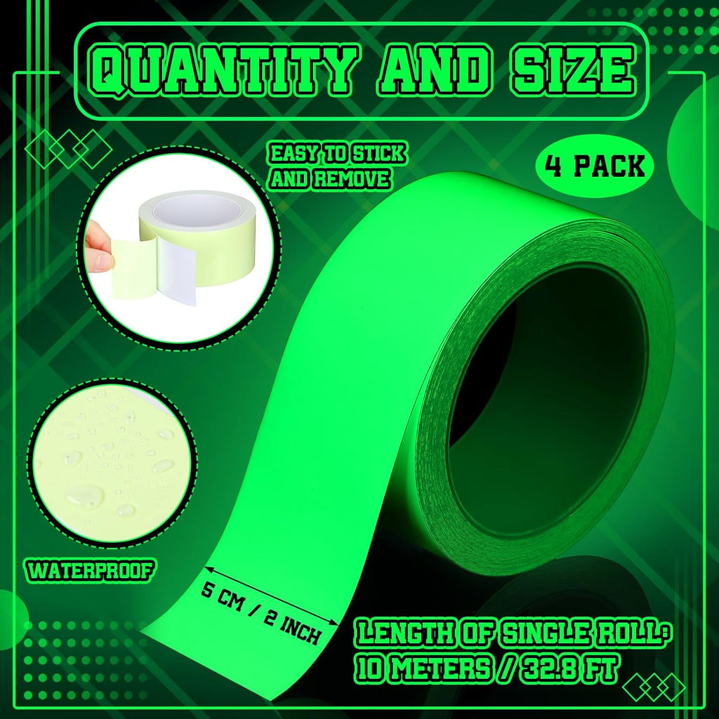 4 Rolls Glow in The Dark Tape 32.8 ft x 2 Inch Luminous Phosphorescence Green Long Lasting Bright Glow Tape for Halloween Night Decorations, Theater Stages, Stairs, Walls, Steps and Exit Sign