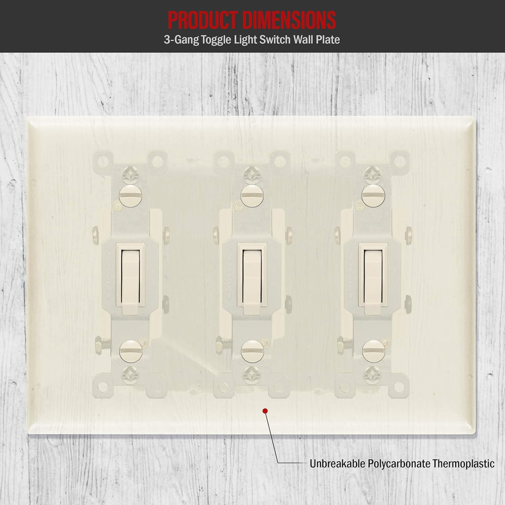 ENERLITES Triple Light Switch Wall Plate, Toggle Switch Plate, Gloss Finish, 3-Gang Mid-Size 4.88" x 6.77", Unbreakable Polycarbonate Thermoplastic, UL Listed, 8813M-LA, Light Almond