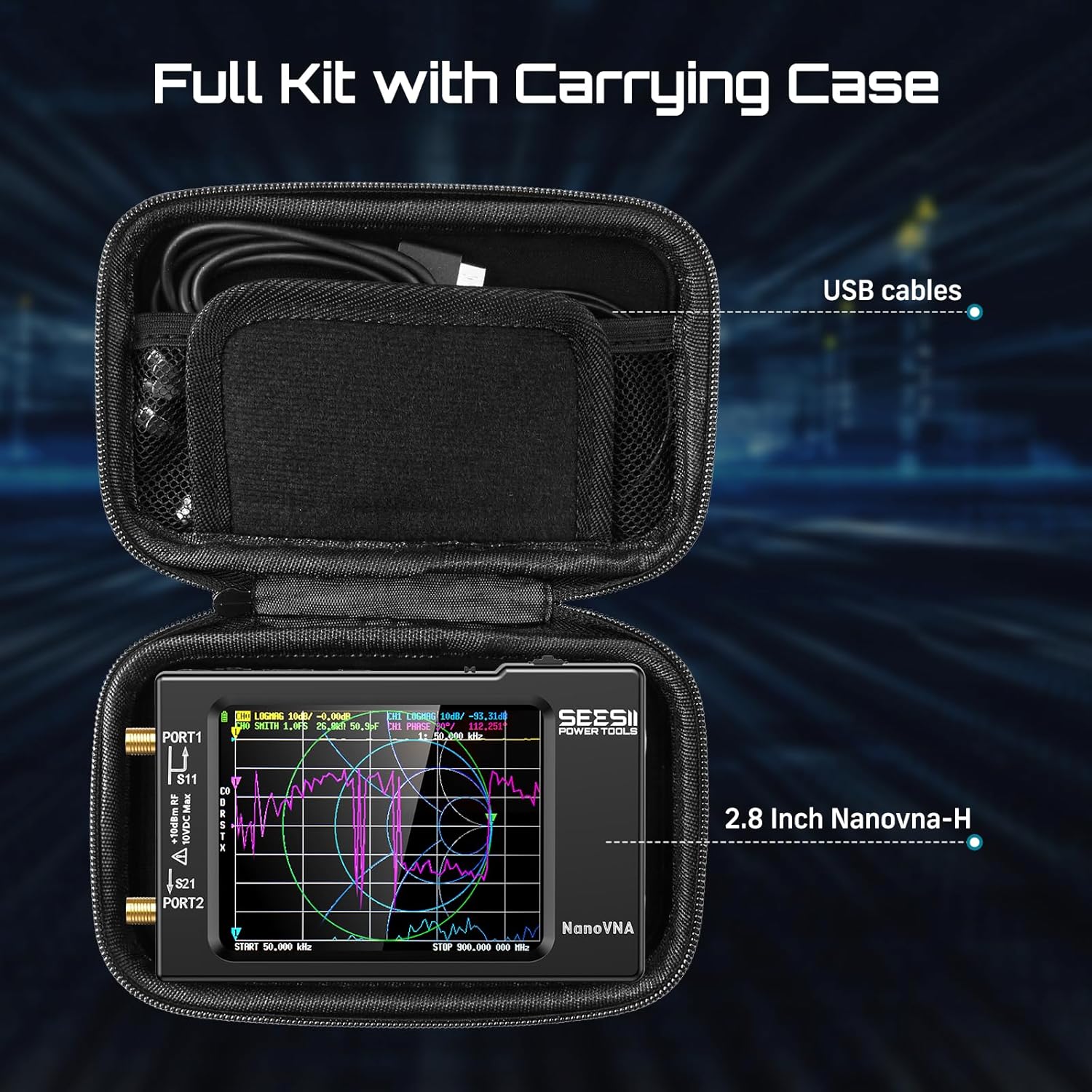 SEESII NanoVNA-H Antenna & Vector Network Analyzer 10KHz-1.5GHz with 2.8" EVA Protective Case, Waterproof & Shockproof, Measures S-Parameters, SWR, Phase, Delay, Smith Chart