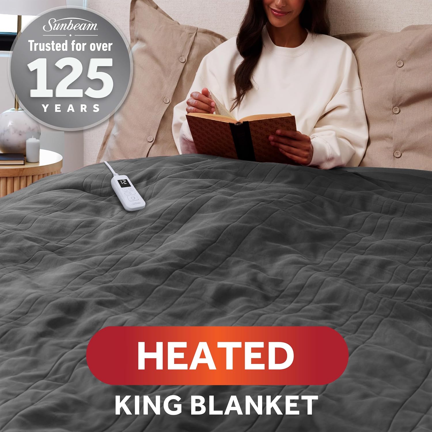 Sunbeam Royal Ultra Fleece Heated Electric Blanket King Size, 90" x 100", 12 Heat Settings, 12-Hour Selectable Auto Shut-Off, Fast Heating, Machine Washable, Warm and Cozy, Iron
