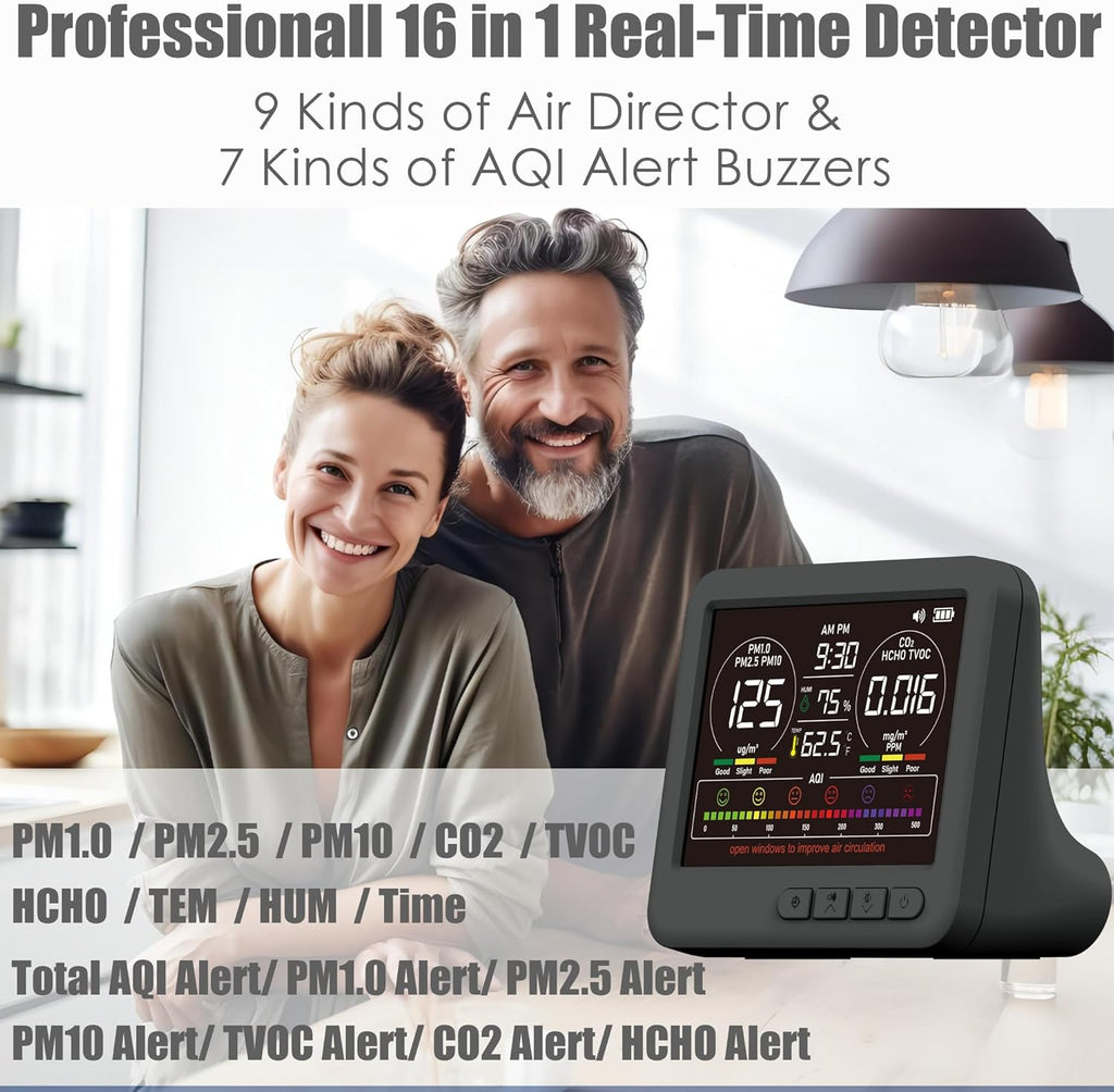 Professional Indoor Air Quality Monitor with 7X AQI Alarms,16 in 1 Portable Real-Time Detector for PM2.5 | PM10 | CO2 | TVOC | HCHO | Temp | Hum for Home Cars Plants Pets (Black)