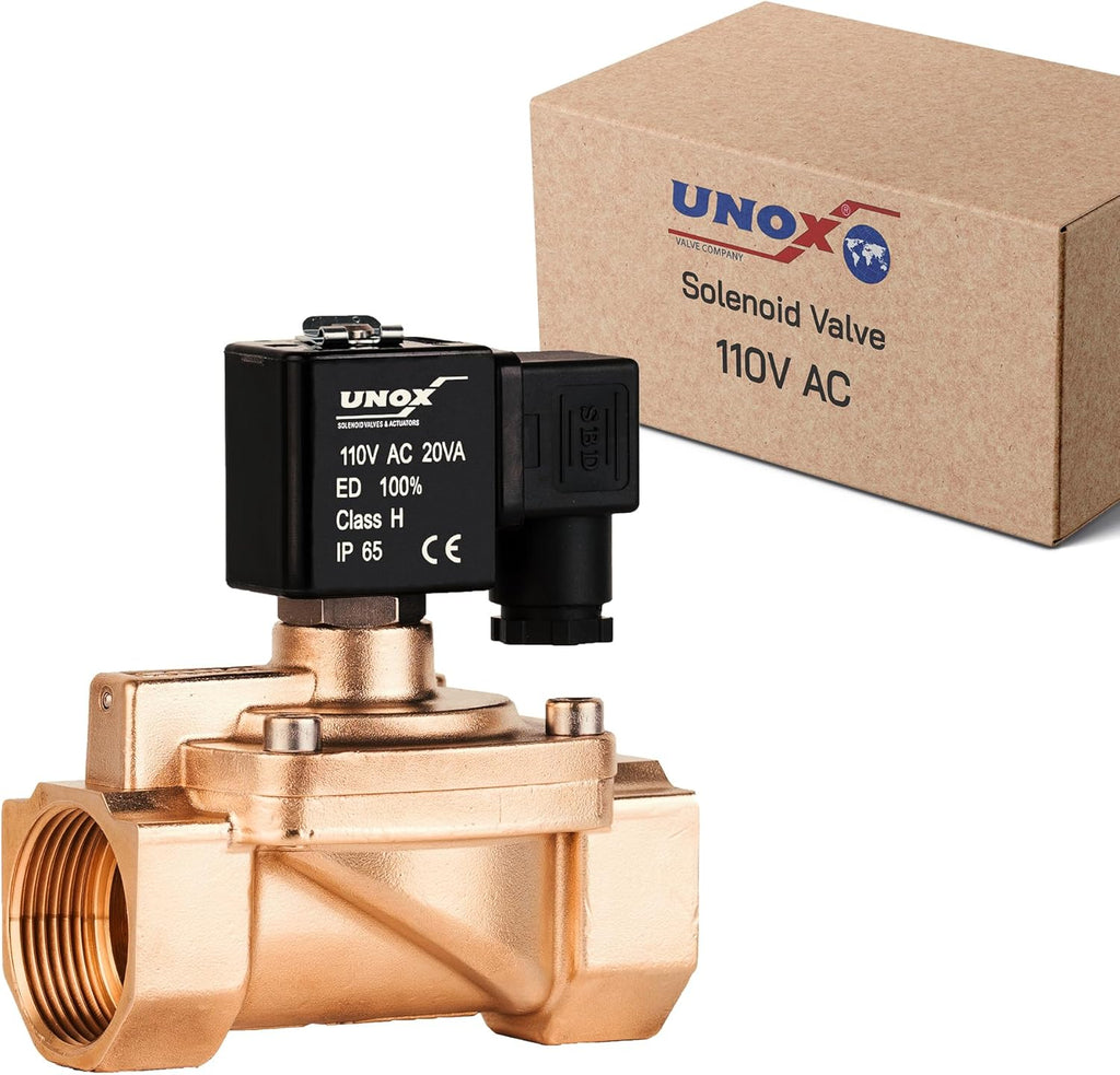 UNOX 1 1/4" NPT Solenoid Valve 110V AC, Brass Control Valve Normally Closed - 7-232 PSI Multi-Purpose Reliable Control Valve for Water, Air, and Gas - Solenoid Valves