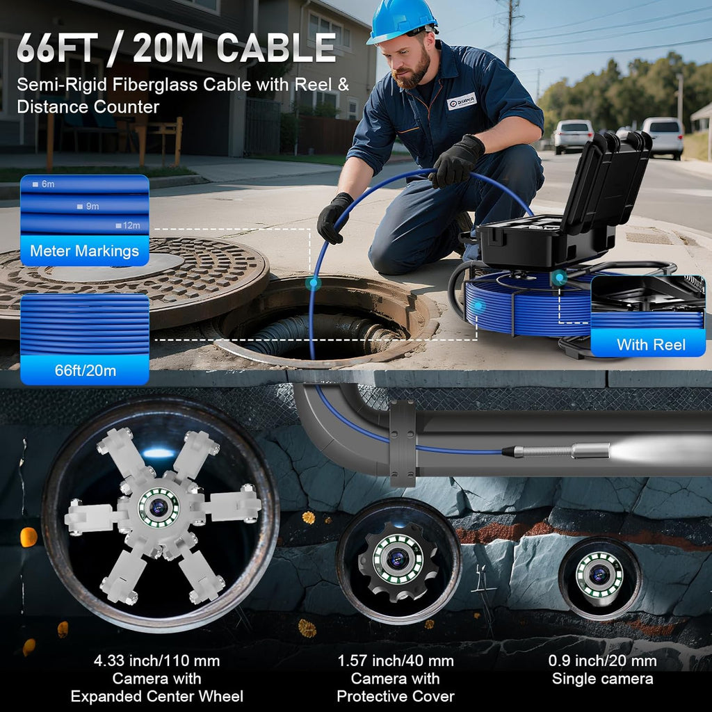 Sewer Camera, Self Leveling Drain Camera 66ft with Meter Counter, 9" HD Plumbing Cameras Snake with 12 LED Lights, 5100mAh Battery, IP68 & 32GB DVR Recorder, Duct Sewer Line Pipe Inspection