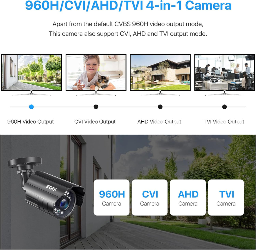 ZOSI 2.0MP 1080P HD 1920TVL Security Camera Hybrid 4-in-1 TVI/CVI/AHD/960H CVBS CCTV Camera Outdoor Indoor,80ft IR Night Vision,Weatherproof Bullet Camera For analog Surveillance DVR(Black)