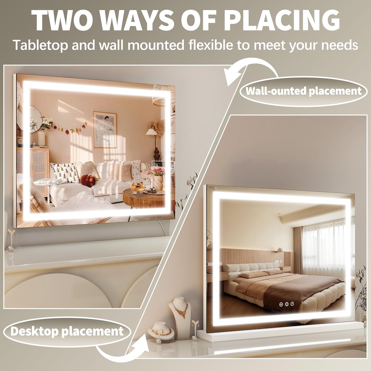 FENNIO 23" x 18" Vanity Mirror with Lights，LED Makeup Mirror，Hollywood Mirror with 3 Color Modes & Adjustable Brightness，Vanity Mirror Square White