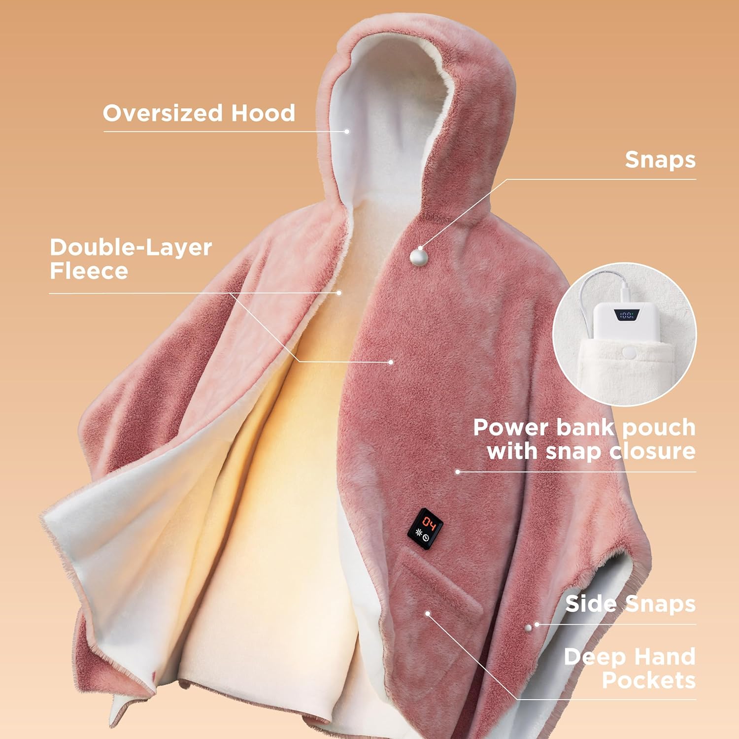 Bedsure Cordless Heated Blanket - Fluffy Electric Wearable Blanket Hoodie with 20000mAh Battery Pack, Portable USB Heated Shawl as Winter Gifts for Women Mom, 4 Heat Levels & 4 Timers, 55"x69", Grey