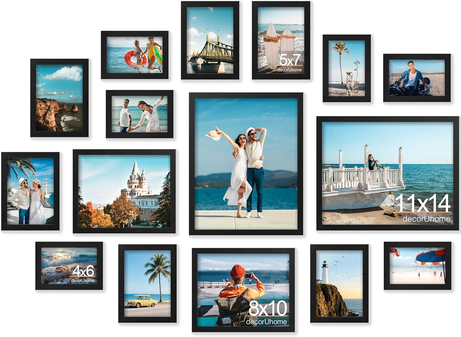 decorUhome Assorted Picture Frames Collage Wall Decor for Photo Gallery Display Set of 16 Including Two 11x14 / Two 8x10 / Six 5x7 / Six 4x6 for Family Wall Decor, Black, 16 Pack