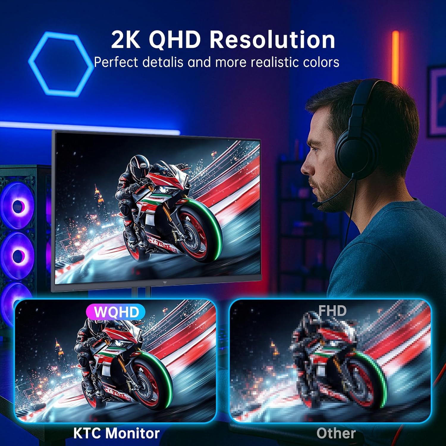 KTC 27 Inch Gaming Monitor - 2K QHD 2560 x 1440 Monitor, Up to 210Hz & 1ms, Bulit-in Speakers, Adaptive Sync, HDR400, 131% sRGB, IPS Monitors Gamer with HDMI 2.0 x 2 & DP1.4 x 2, H27T22C-3
