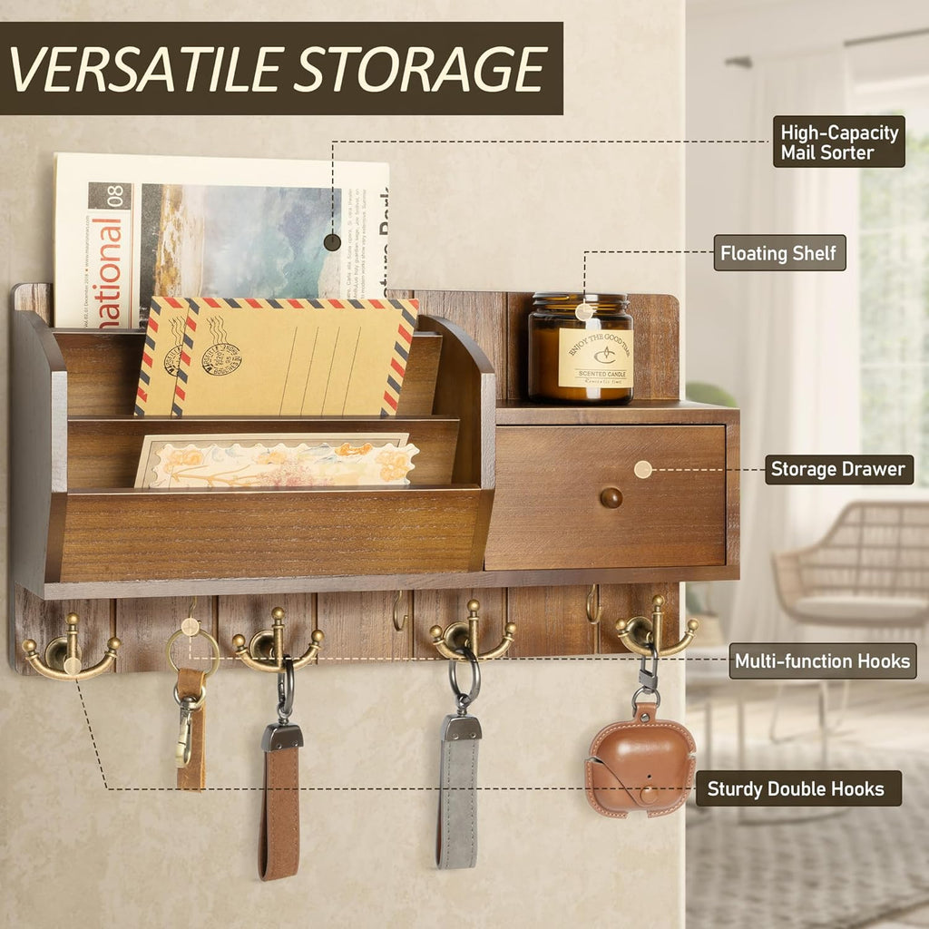 Key Holder Wall Mount with Mail Sorter - Modern Farmhouse Key and Mail Organizer with Hooks and Mini Drawer for Home Decor - Rustic Apartment Essentials for Home Improvement (Brown & Golden Hooks)