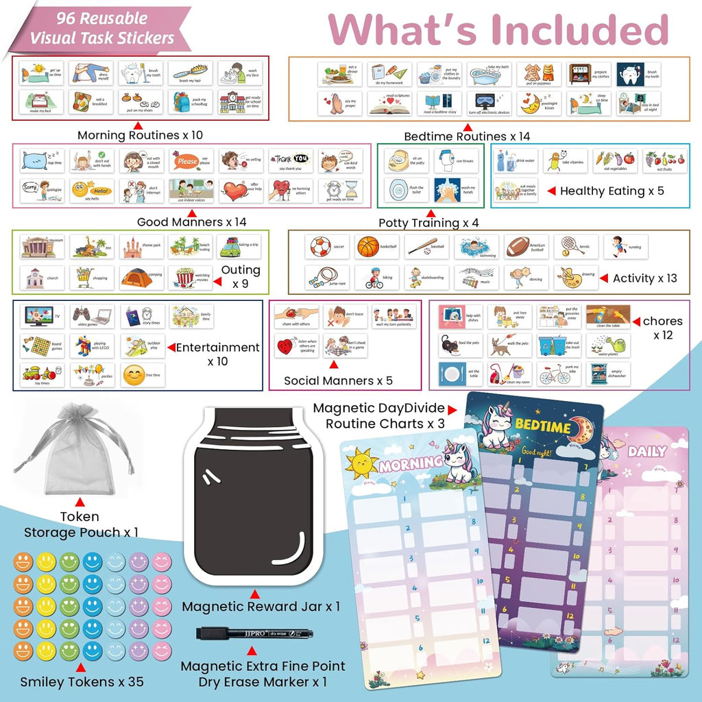 JJPRO Magnetic Bedtime/Morning/Daily Reward Routine Chart for Kids with Reward Jar-Bedtime Routine Chart,Reward Jar for Kids,Daily Checklist Reward Chart for Toddlers,Visual Schedule Board -Unicorn