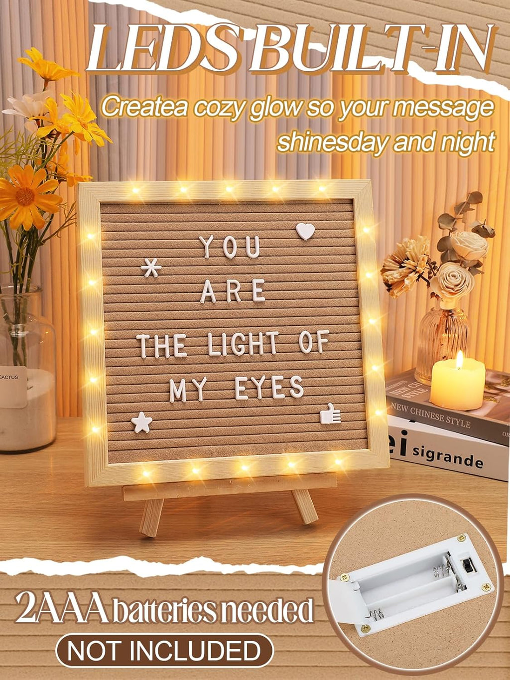 Changeable Felt Letter Board with LED Lights - 10×10" Message Custom Signs & Wood Stand & 450 Letters, Poster Board for Valentine's Day/Baby/Pregnancy Announcement/Classroom Wall Decor Gifts, Camel