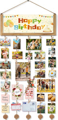 Bikoney Rustic Collage Photo Display Wall Decor with Happy Birthday Banner, Gift Card Storage and 30 Clips for Dorm Room, Bedroom and Home
