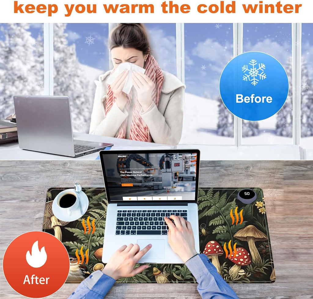Small Heated Desk Pad 23.6" x 14.2" – Compact Electric Mouse Pad with 3 Heating Levels, Auto Shut-Off, Waterproof PU Surface, Plug-in Warmer for Office or Home Use, Forest Mushrooms