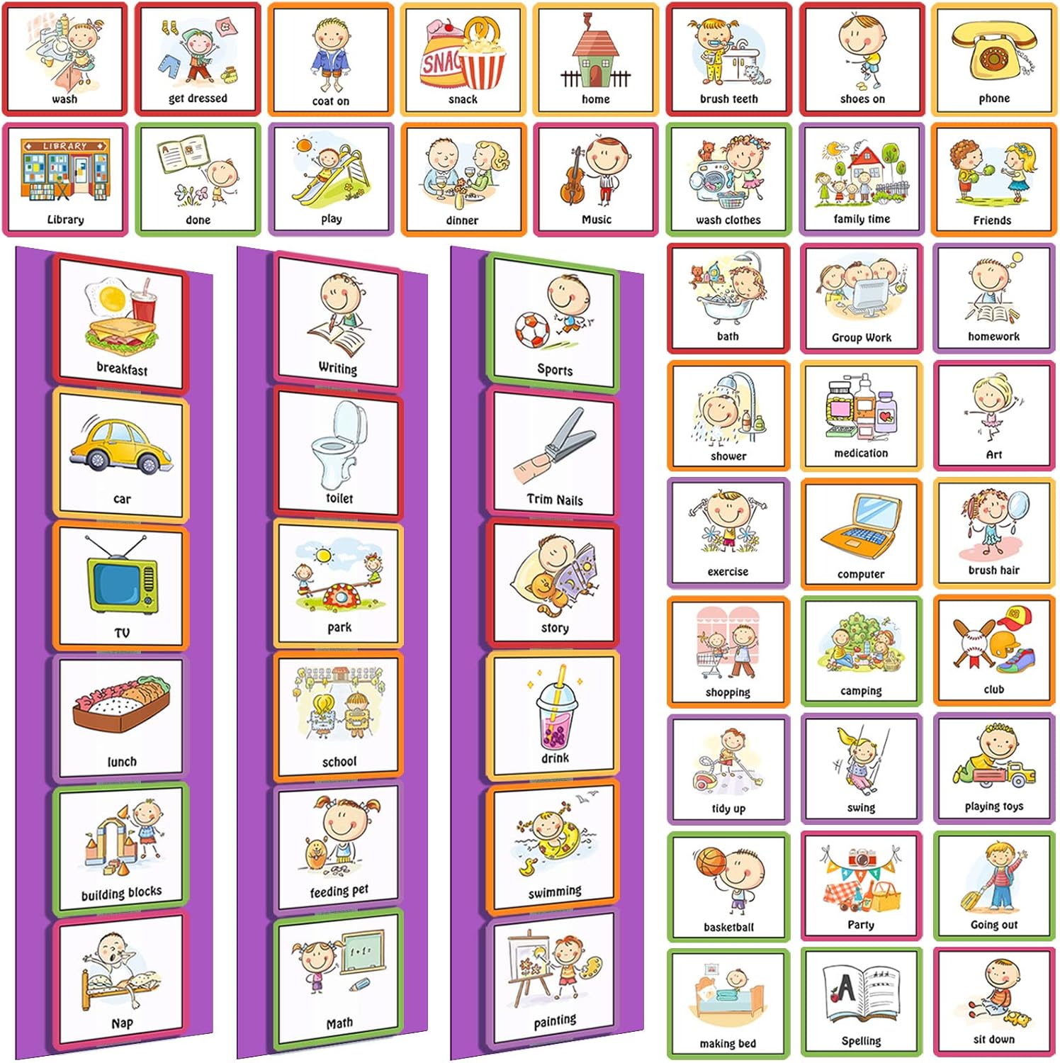 Geyee 60 Pcs Visual Schedule Cards Daily Routine Chart Visual Planner Cards Bulk for Autism Learning Materials Asperger's ADHD Home Education Behavioral Tool(Purple)
