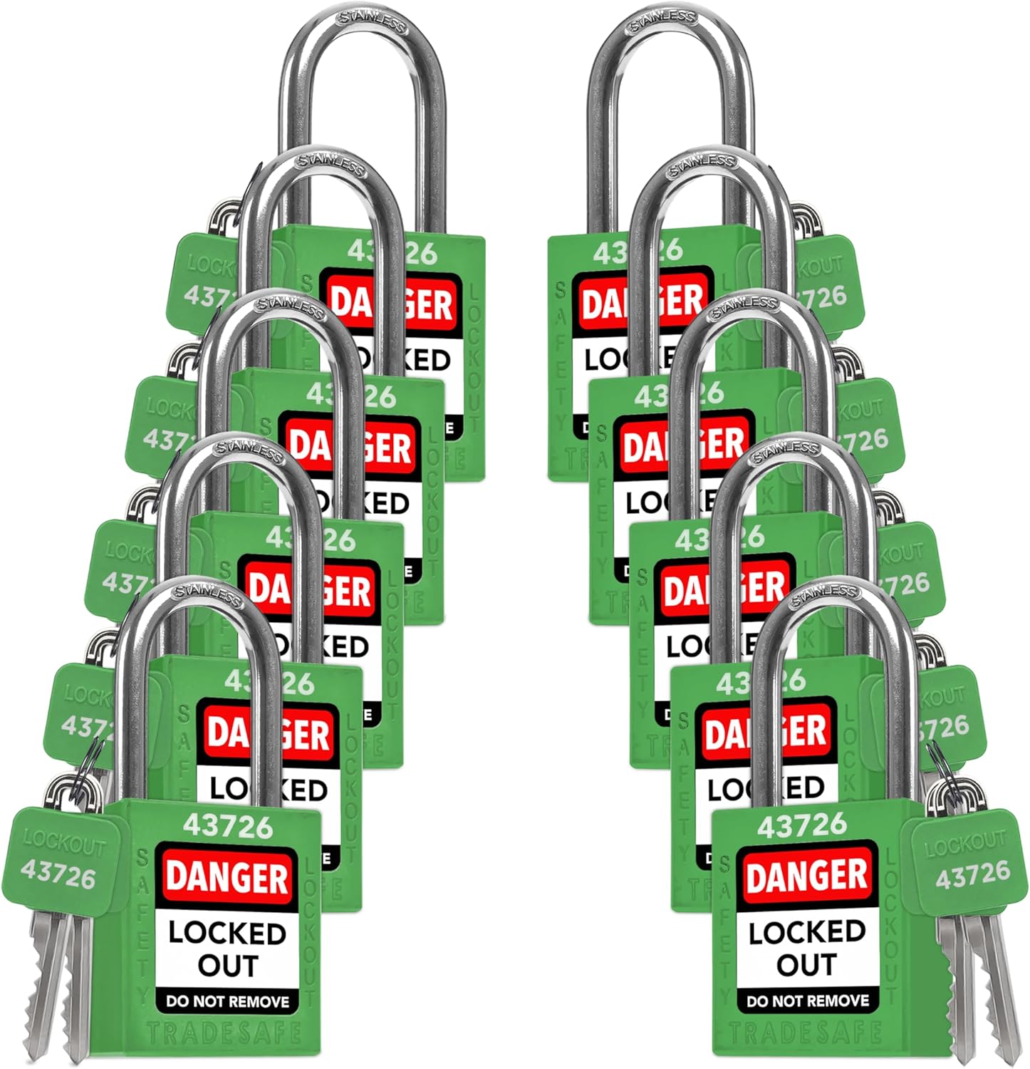 TRADESAFE Lockout Tagout Locks Set - 10 Green Keyed Alike Padlocks, 2 Keys Per Lock, OSHA Compliant Loto Locks for Lock Out Tag Out Stations, Premium Grade