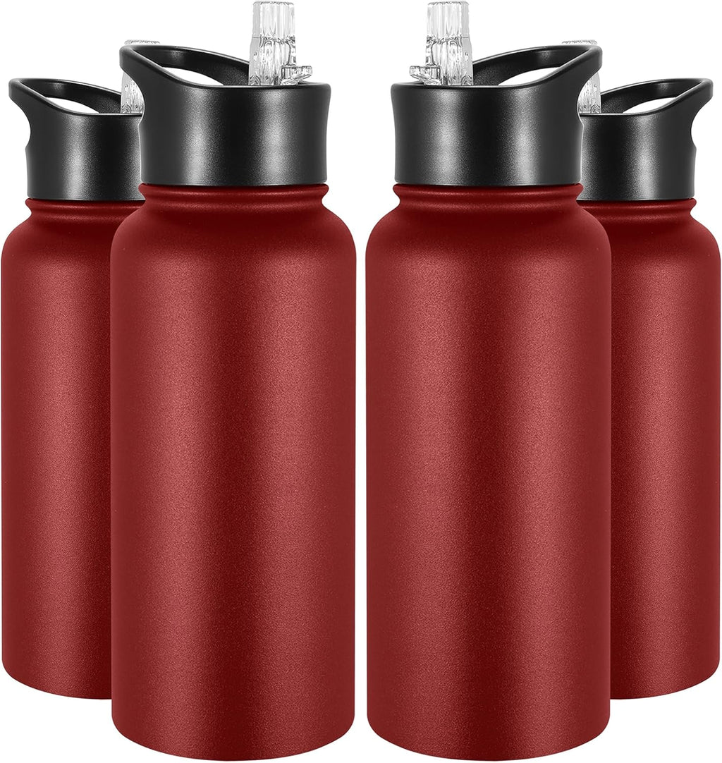 VEGOND 32 oz Insulated Water Bottle Bulk Stainless Steel Metal Water Bottles with Leak Proof Straw Lid & Spout Lid, Wide Mouth Double Walled Vacuum Travel Sports Bottle, Red 4 Pack