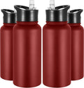 VEGOND 32 oz Insulated Water Bottle Bulk Stainless Steel Metal Water Bottles with Leak Proof Straw Lid & Spout Lid, Wide Mouth Double Walled Vacuum Travel Sports Bottle, Red 4 Pack