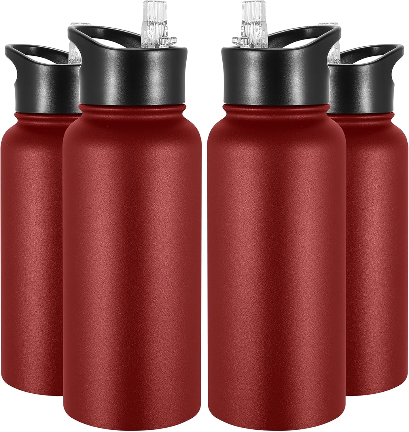 VEGOND 32 oz Insulated Water Bottle Bulk Stainless Steel Metal Water Bottles with Leak Proof Straw Lid & Spout Lid, Wide Mouth Double Walled Vacuum Travel Sports Bottle, Red 4 Pack
